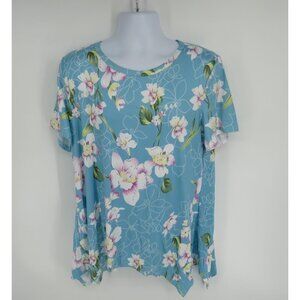 Dolnine Women's Floral Top Short Sleeve Blue Background 16W NWT